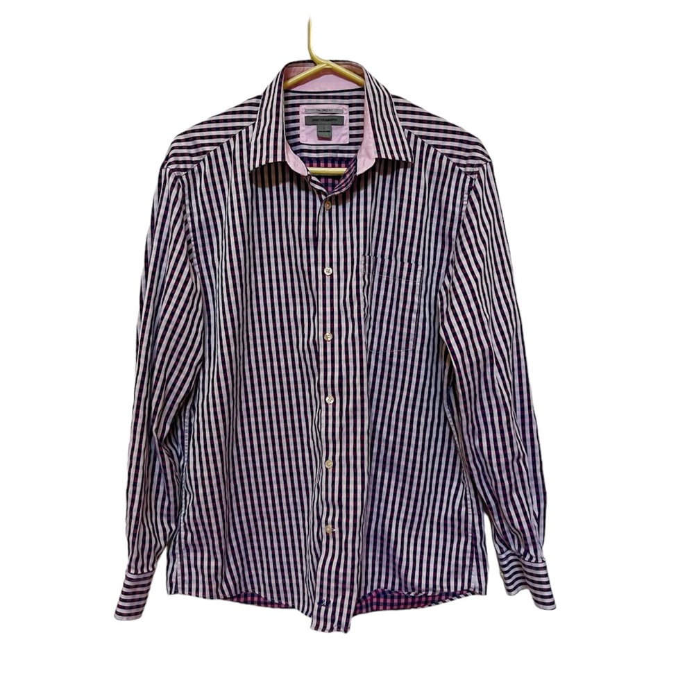 Johnston & Murphy Tailored Fit large Gingham Purple Pink White Long Sleeve